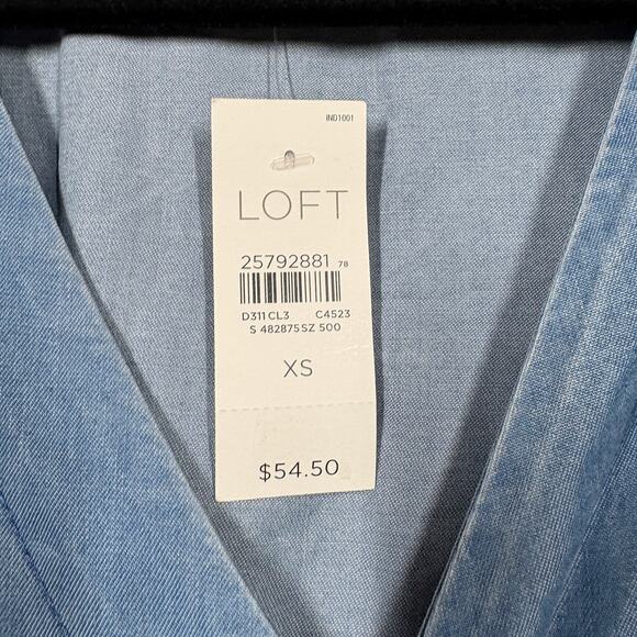 Loft Size XS Wrap Chambray Top Blouse Blue Belted V Neck Flared Sleeves - Picture 8 of 10